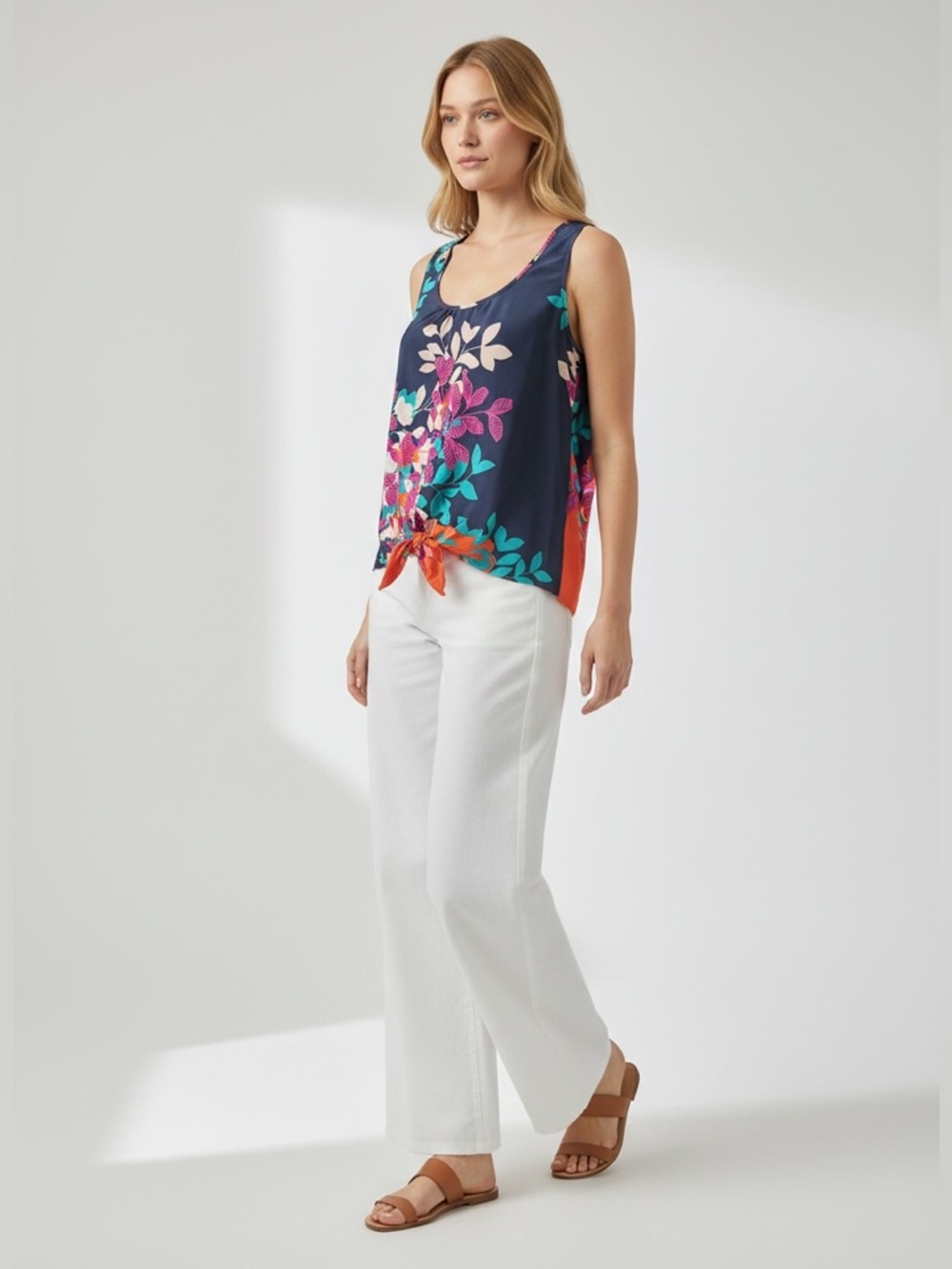 Akiko Navy Floral Tie-Front Camisole with Pink Teal and Orange Accents